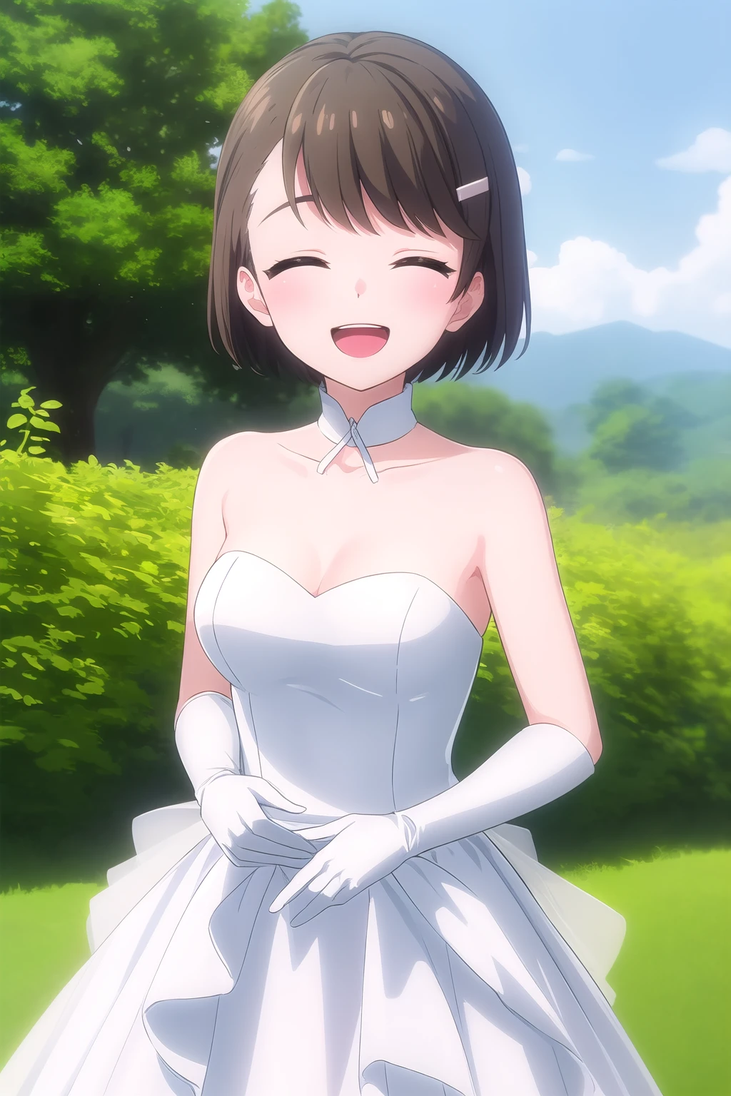 (masterpiece, best quality), highly detailed background, perfect lightingbest quality, onomami, solo, outdoors, nature, bridal veil, brown hair, swept bangs, hairclip, short hair, closed eyes, medium breasts, wedding dress, white dress, white gloves, frilled skirt, smile, open mouth, ^o^, <lora:Ono-Mami:0.7>