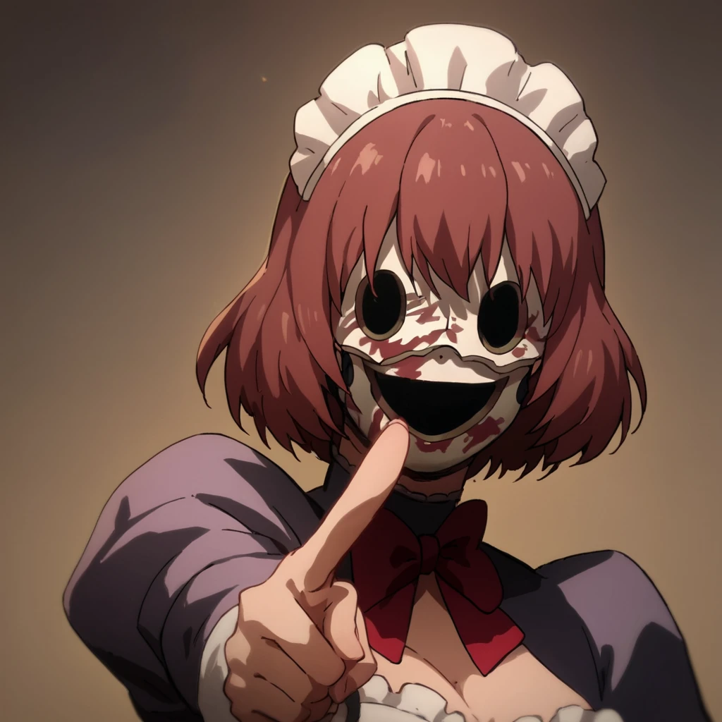 score_9, score_8_up, score_7_up, score_6_up, score_5_up, score_4_up, source_anime,  Servant2, maid, mask, horror theme, knife, portrait, piercing look, facing viewer, evil, pointing at viewer