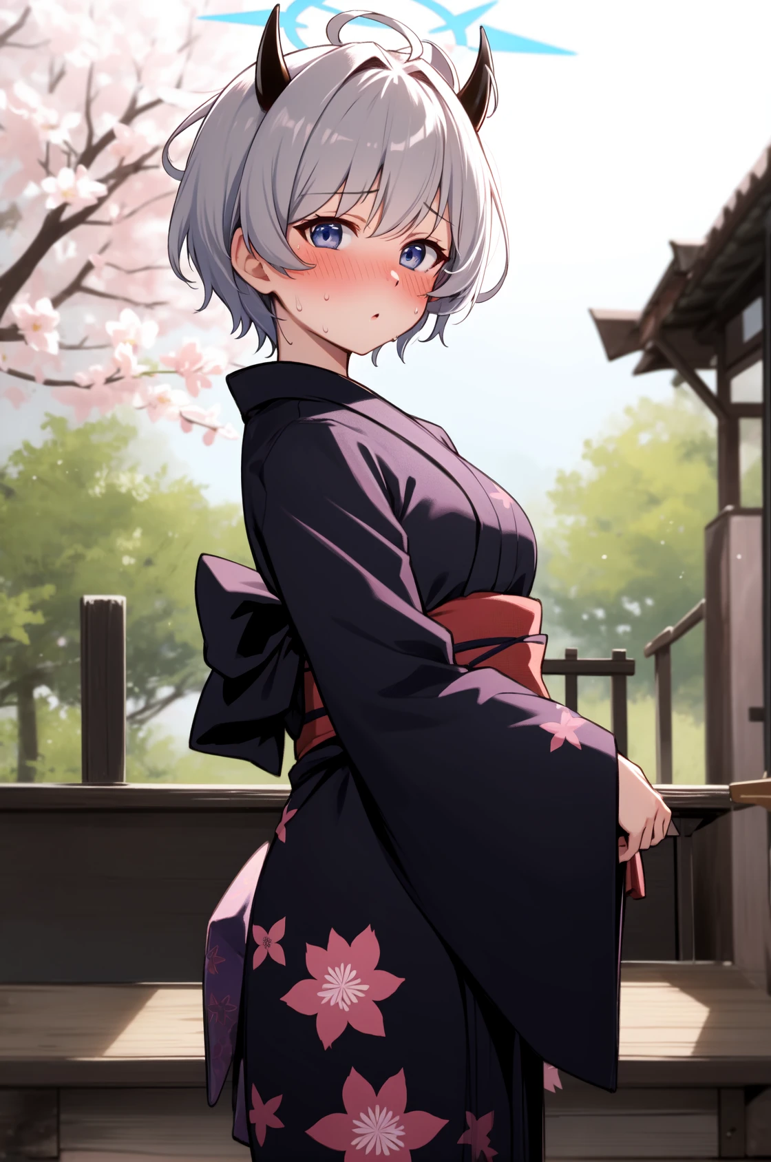 solo, masterpiece, best quality, outdoors, shrine, cherry blossom, looking at viewer, :o, closed mouth, blush, standing, cowboy shot, erika, blue eyes, grey hair, short hair, black horns, halo, yukata, wide sleeves, obi, floral print