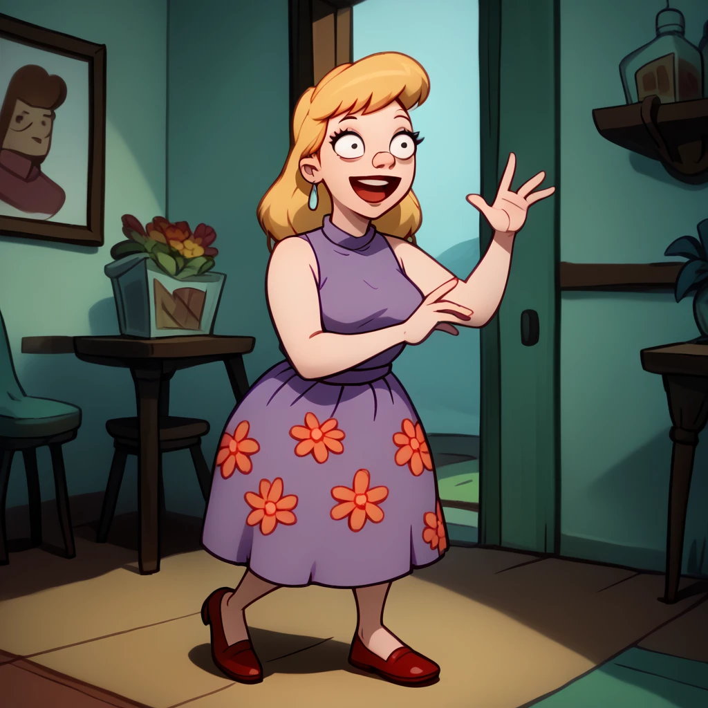 <lora:Torvalds_Mom_-_Hey_Arnold_-_1996-10:1> 1girl, blonde hair, eye shadow, purple dress, earrings, sleeveless dress with floral print, solo, indoors, jewelry, floral print, smile, sleeveless, dress, long hair, open mouth, parody, skirt, red footwear,, source_cartoon, score_9, score_8_up, score_7_up,