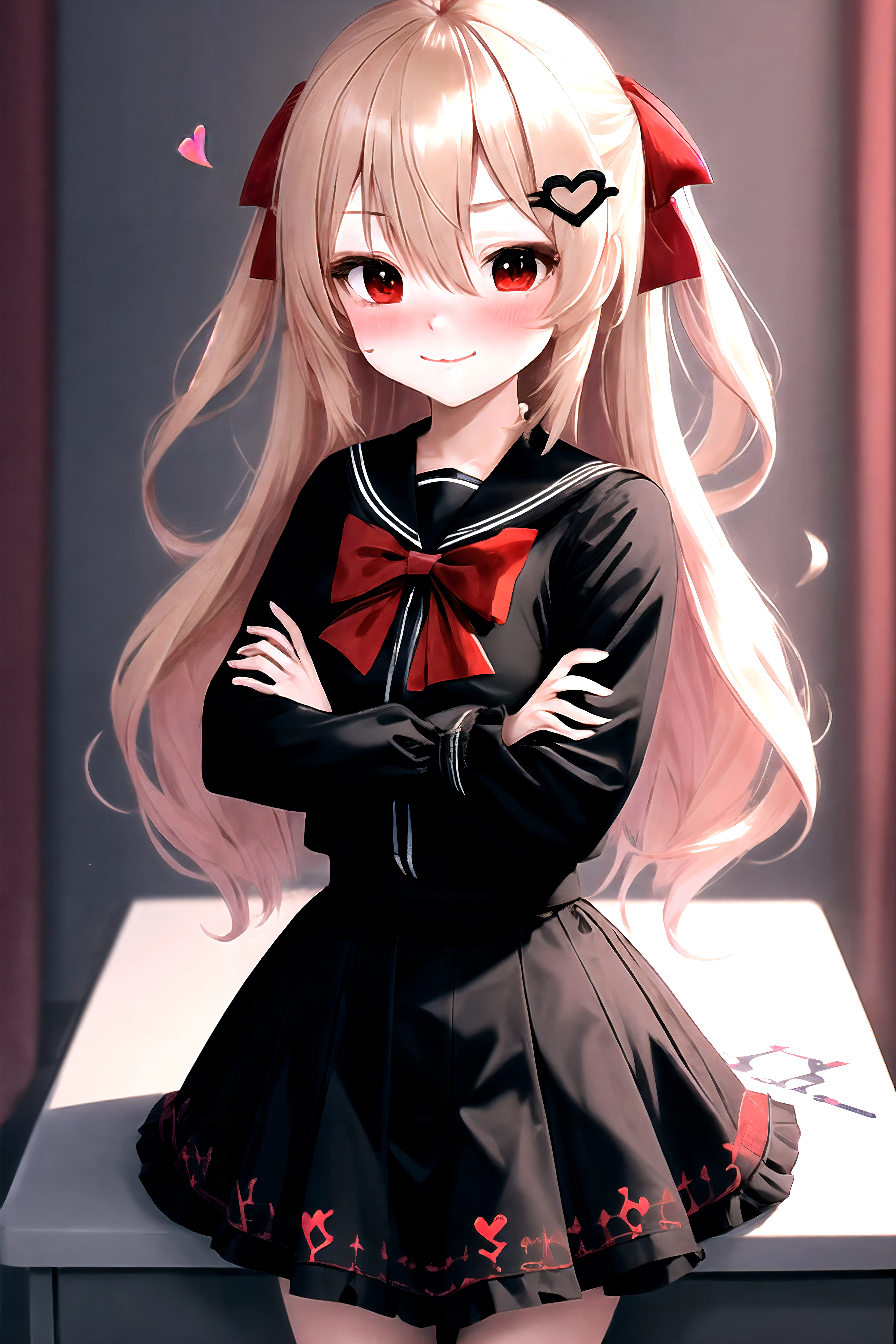 (masterpiece), (ultra-detailed), best quality, 8k, 1girl, Evi1neuro-sama, solo, hair between eyes, hair bow, hair ornament, hairclip, heart, hexagram, long hair, looking at viewer, blonde hair, dress, black dress, long sleeves, red bowtie, sailor collar, ahoge, standing, red eyes, skirt, (black skirt:1.2), chess board, <lora:Evilneuro:0.9>