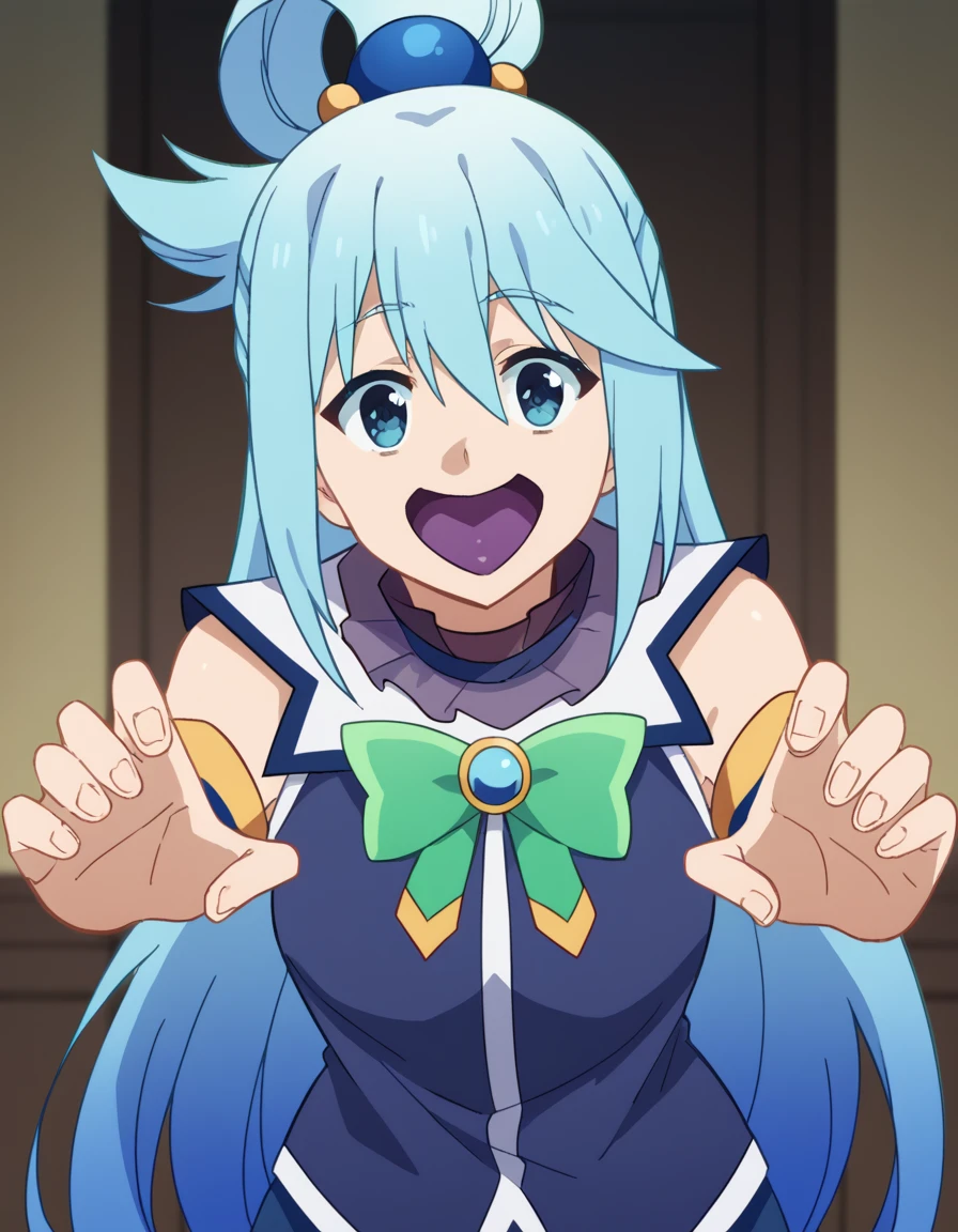 score_9, score_8_up, score_7_up, source_anime, konosubaaqua, <lora:konosuba-aqua-s2-ponyxl-lora-nochekaiser:1>, aqua (konosuba), long hair, blue eyes, hair ornament, very long hair, blue hair, hair rings, single hair ring, hair bobbles,, <lora:ghost-pose-ponyxl-lora-nochekaiser:1>, ghost pose, ghost, purple tongue, open mouth, looking up,, indoors,, cowboy shot, dutch angle, looking at viewer,