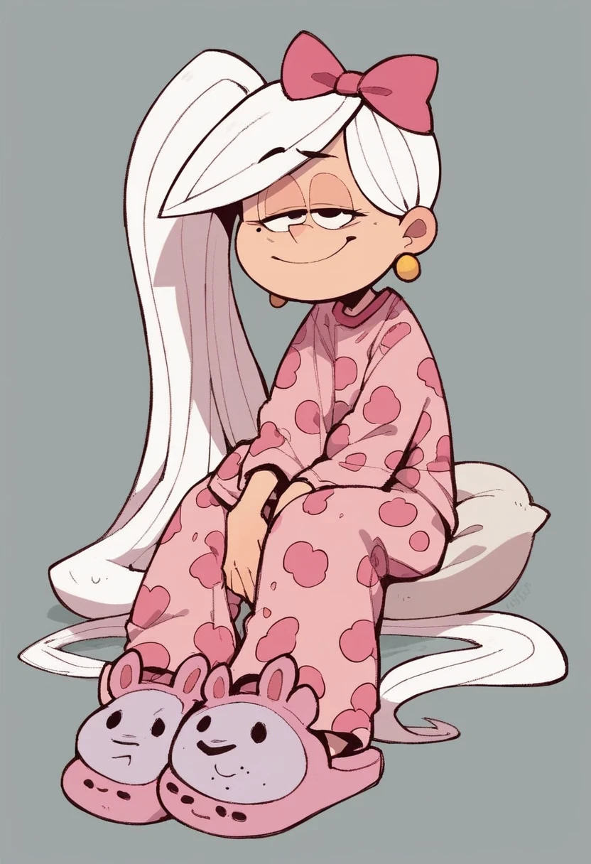 maria_mole, 1girl, solo, long hair, smile, bow, jewelry, very long hair, white hair, hair bow, earrings, side ponytail, pajamas, bear slippers, half closed eyes, tired eyes