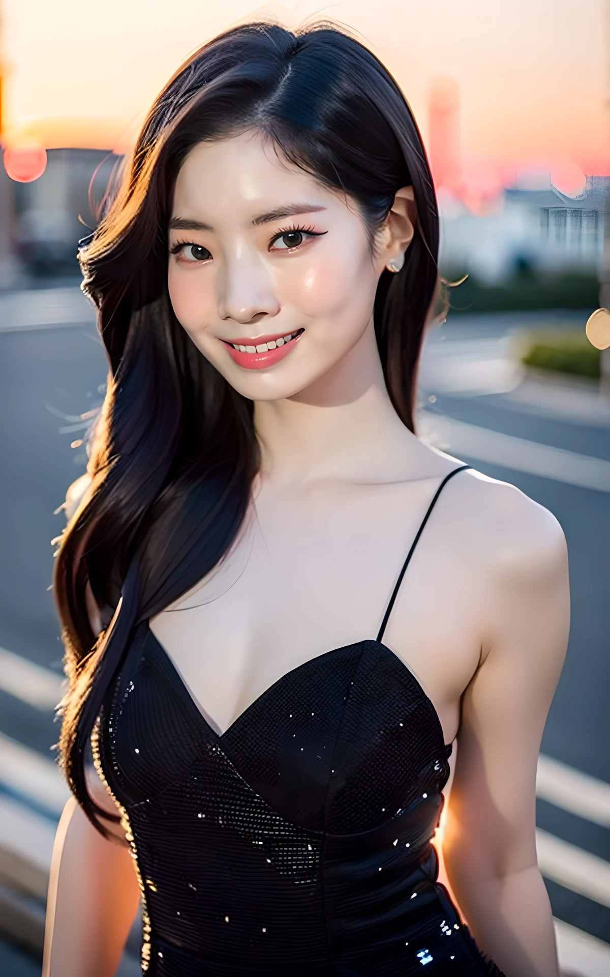 (smile:1.2),  <lora:Dahyun_V1:1> Dahyun_V1,, (realistic), (hyperrealism), (photorealistic:1.4), 1girl, looking at the viewer, eye makeup, detailed eyes, detailed face, (upper body:1.2), detailed background, black dress, walking at the streets, sunset, (windy:1.2)