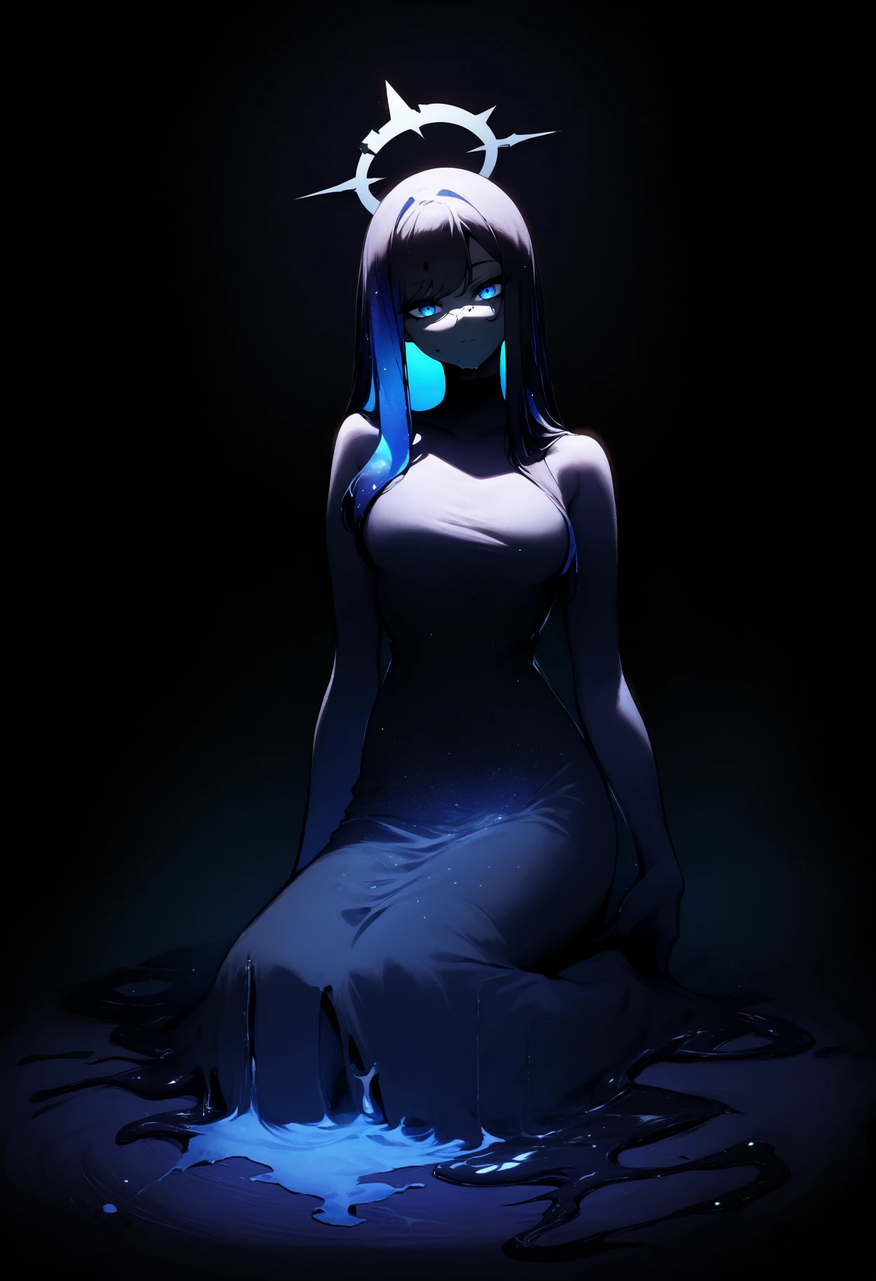 masterpiece,great,best,1girl,solo,medium breasts,broken halo,cracked halo,upper body,looking at viewer,full body,sitting,black halo,ambient composition,black veil,black liquid,two-tone hair,starry sky print hair,melting,blue eyes, black skin, dress