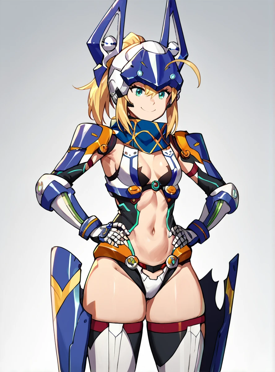 score_9, score_8_up, score_7_up, score_6_up, score_5_up, score_4_up , source_anime anime_screencap   <lora:HeroineXX:0.8>blonde hair, 1girl,  heroineXarmor, ahoge,hands on hips, smile, headgear thick thighs, helmet