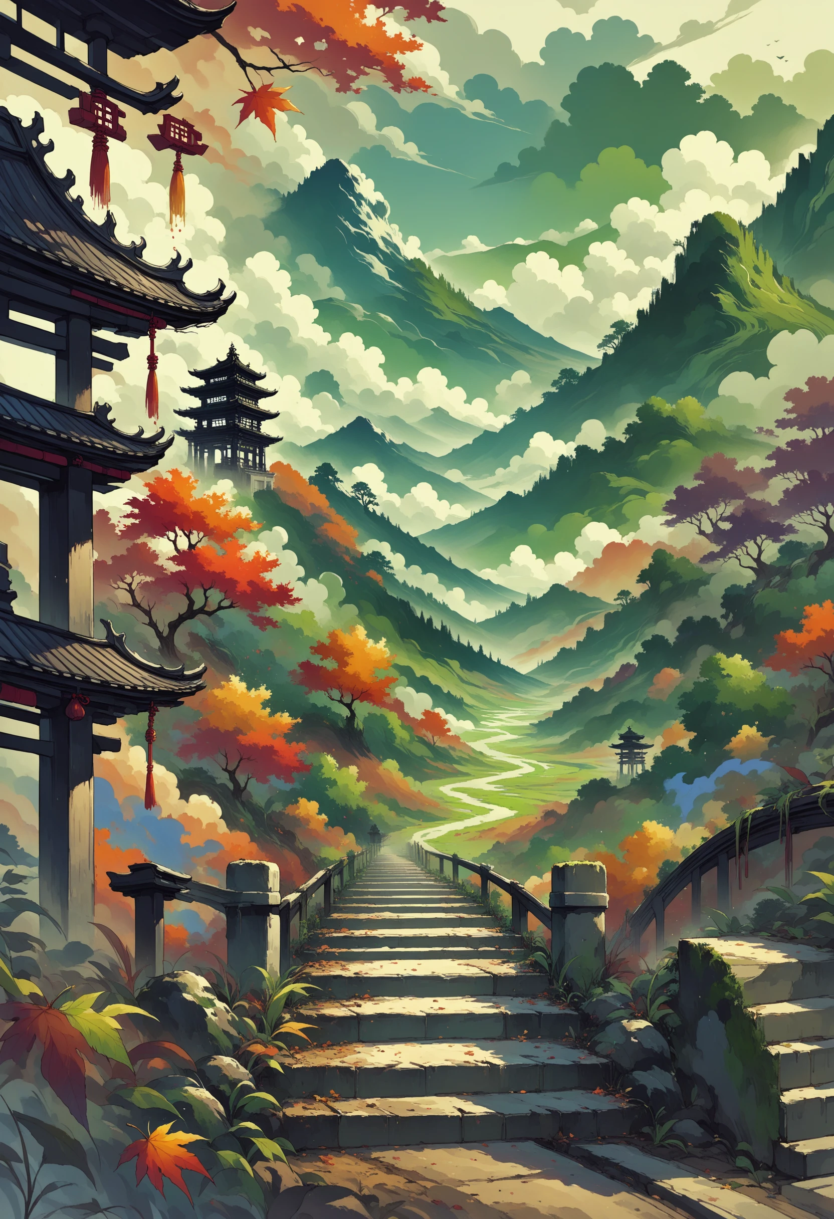 score_9, score_8_up, score_7_up, source_anime, 
<lora:wrenchinktapestry:1>, inktapestry, colorful, greyscale, paint splatter, white background, 
scenery, landscape, tile wall, fog, grass, window, building, stucco, path, outdoors, tree, east asian architecture, no humans, dirt, autumn leaves, architecture, blue sky, bush, castle, plant, pagoda, sky, wall, stairs, town, nature, cloudy sky, mountain, light, green theme, cloud, stone wall, entrance,