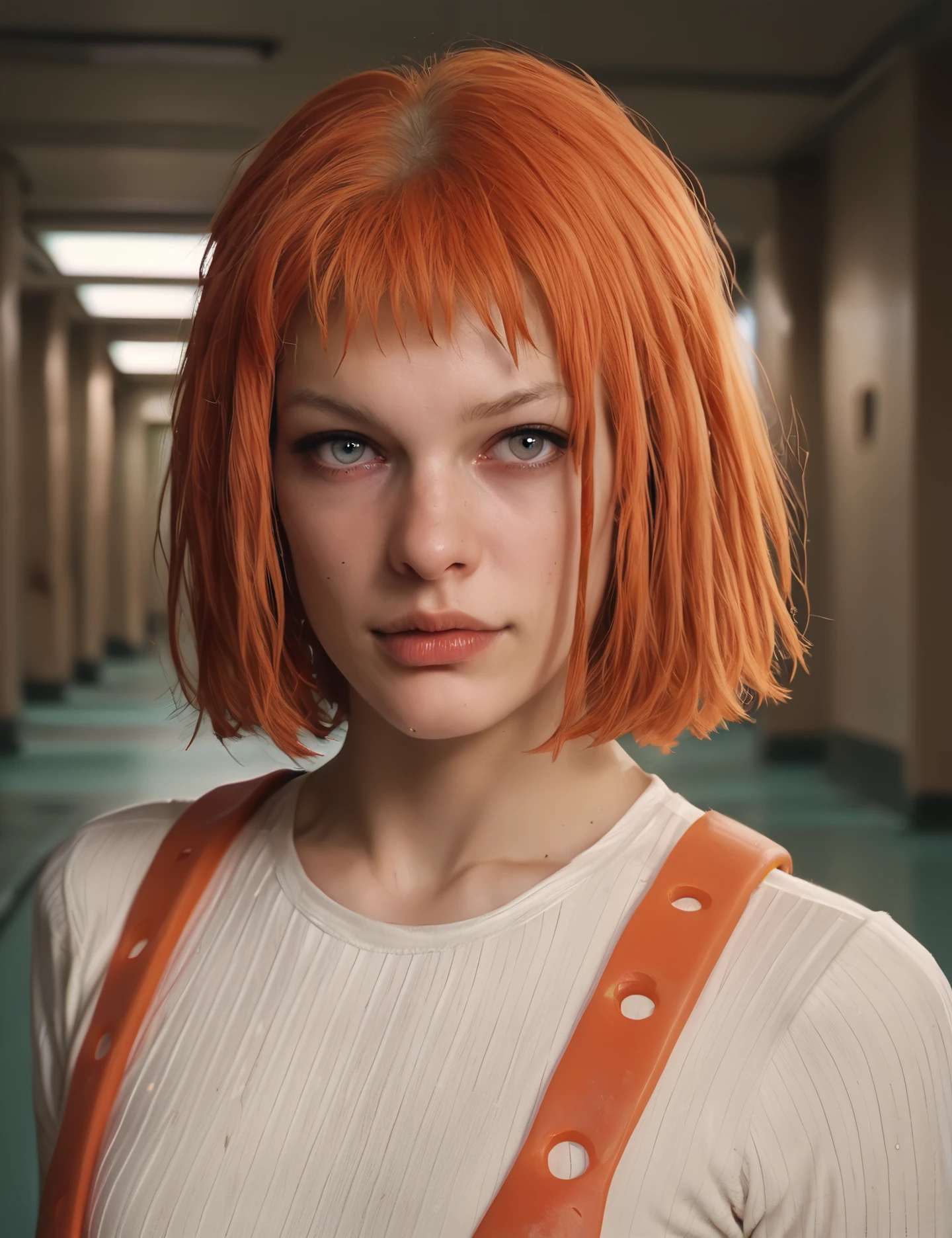 1girl, solo<lora:LeelooDallas:0.75> leeloo dallas, portrait, looking at the viewer, white shirt, suspenders, realistic, score_9, score_8_up, score_7_up, score_6_up