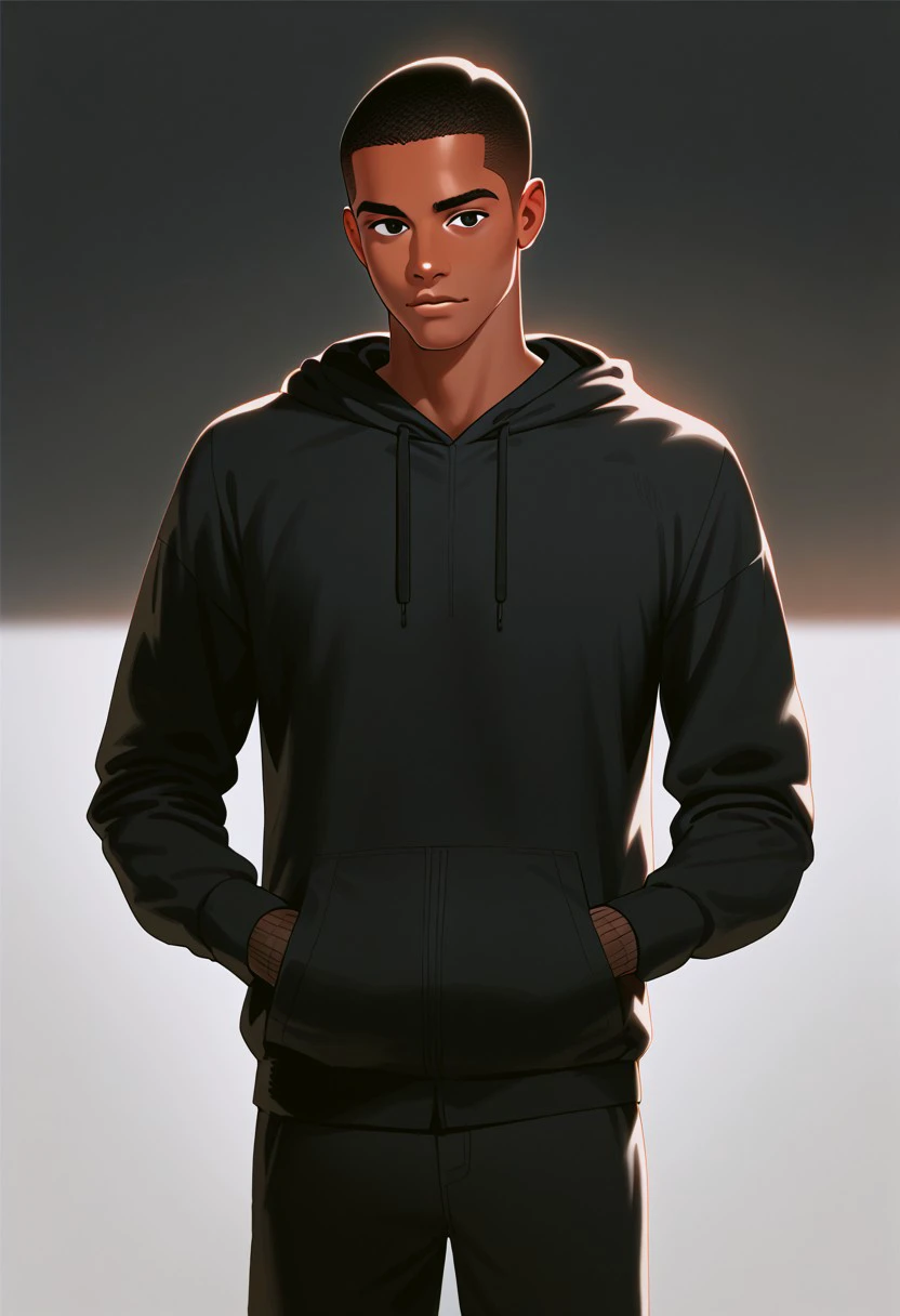 score_9, score_8_up, score_7_up male, dark skin, short hair, black hair, black eyes, clothes in black hoody, h0b, vincent