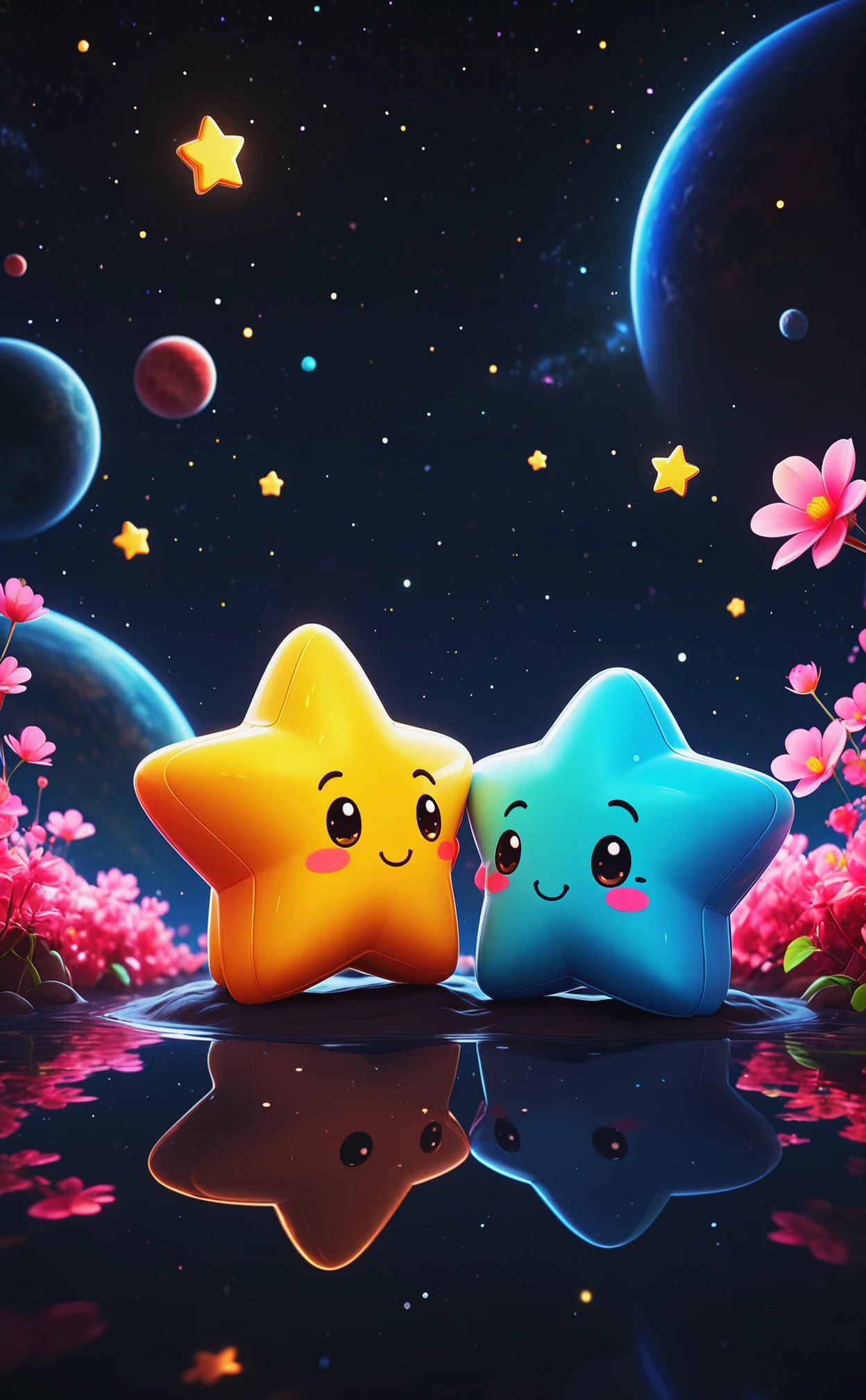 Love is, two cute star in space, kawaii, 3d illustration, concept art, depth of field, high contrast, sharp focus, best quality, high resolution.