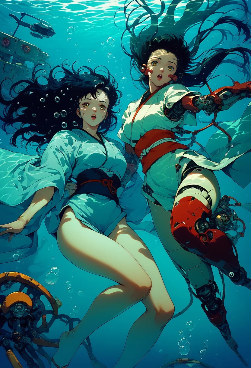 (score_9, score_8_up), score_7_up, 2girls, long hair, looking at viewer, open mouth, black hair, yellow eyes, japanese clothes, kimono, sash, obi, robot, science fiction, bubble, underwater, android, joints, cable, air bubble, robot joints, submerged, mechanical parts, screw, retro
 <lora:nostalgia-000011:0.9>