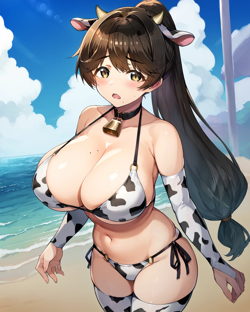 score_9, score_8_up, score_7_up, rating_safe, source_anime, perfect anatomy, ultra detailed, yamaba yume
,1girl, solo, yellow eyes, cow print bikini,  fake horn, fake animal ears,cow print armwear, cow print tighhighs,  long hair, high ponytail, low-tied long hair, large breasts, beach, standing, shy, blush, open mouth, <lora:Yamaba_yume_ponyxl:1>