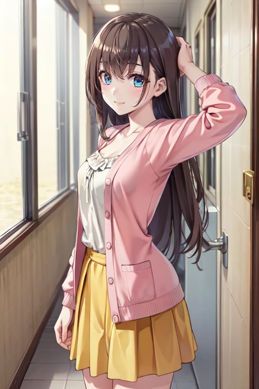 masterpiece, best quality, ultra detailed, highres, masterpiece,best quality,highly,1girl, BREAK
 looking at you, smile, arms behind head, from side, looking at you, curious, hallway, upper body,
<lora:Mio Ikoma:0.7> mio ikoma,  long brown hair,   blue eyes, open pink cardigan,  white blouse underneath, yellow knee-length skirt,  brown leather shoes