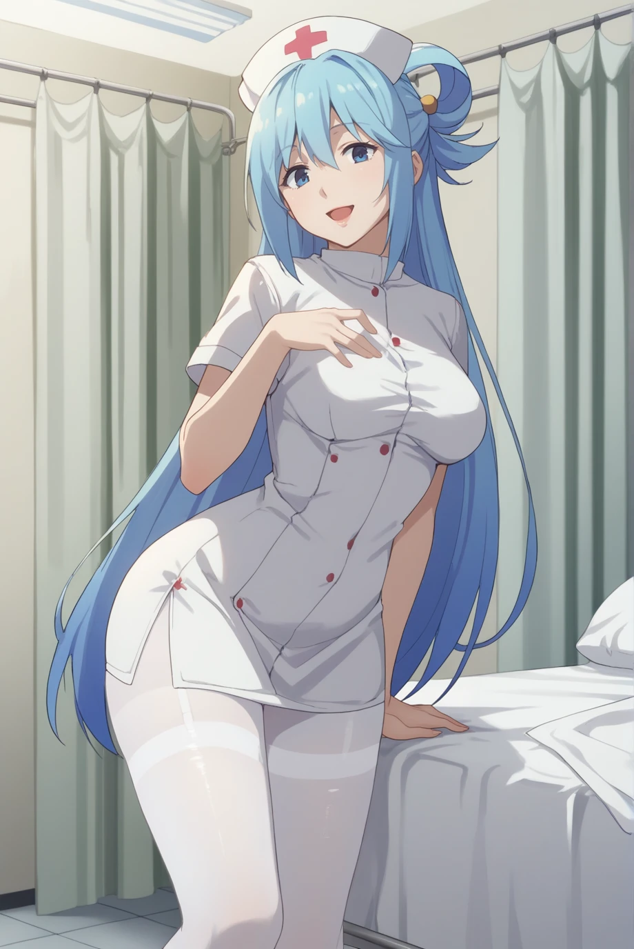 score_9, score_8_up, score_7_up, score_6_up, score_5_up, score_4_up, BREAK source_anime, 1girl, solo,
<lora:AquaXL-v1-07:0.7>, ChopioAqua, blue hair, long hair, very long hair, hair ornament, hair between eyes, blue eyes, looking at viewer,
mature female, (thick thighs:0.8), medium breasts,
single hair ring,
outfit_5, nurse, nurse cap, white pantyhose, white dress, thighband pantyhose,
hospital, white curtain, hospital bed, standing, smile, open mouth, short dress,