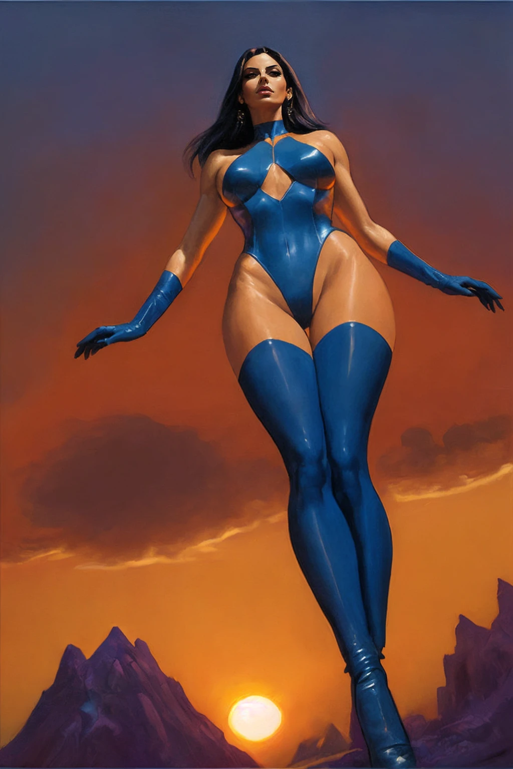 lucioparrillo style oil painting /(medium/) , psylocke standing, blue leotard, blue gloves, thighhighs, cameltoe, sunset background, low angle, from below <lora:lucioparrillo:0.8>  <lora:dynamic_shot_19_low_angle:0.5>