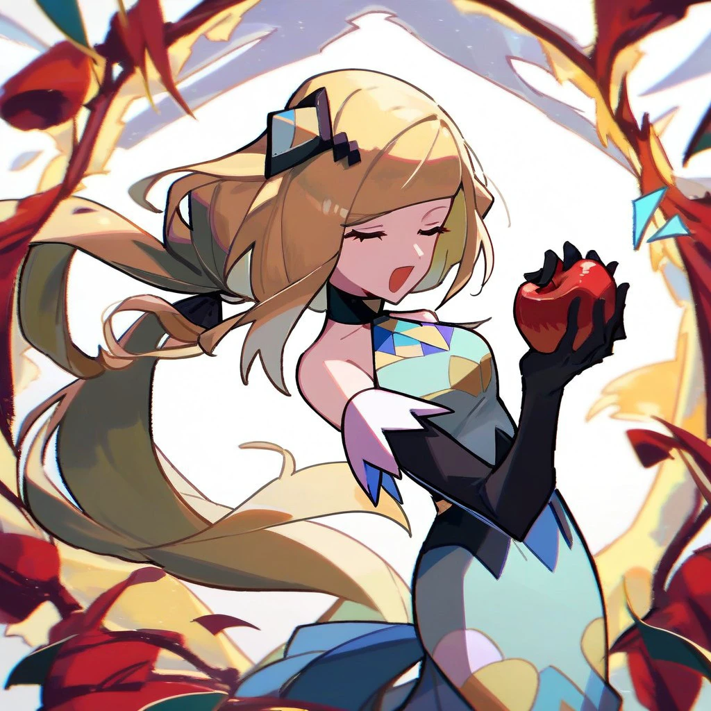 score_9,score_8_up,score_7_up,score_6_up,score_5_up,score_4_up, solo, 1girl, blonde hair, closed eyes, long hair, ponytail, dress, sleeveless, gloves, hair ornament, elbow gloves, blue dress, from side, holding, apple, open mouth , holding apple