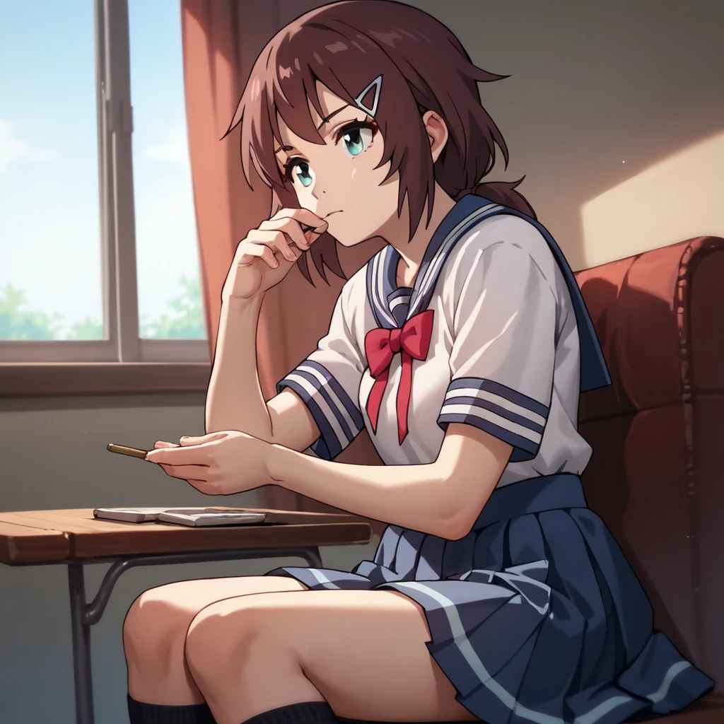 score_9, score_8_up, score_7_up, score_6_up, score_5_up, score_4_up, source_anime,  MegumiSAITOU, school uniform, sitting, relaxing