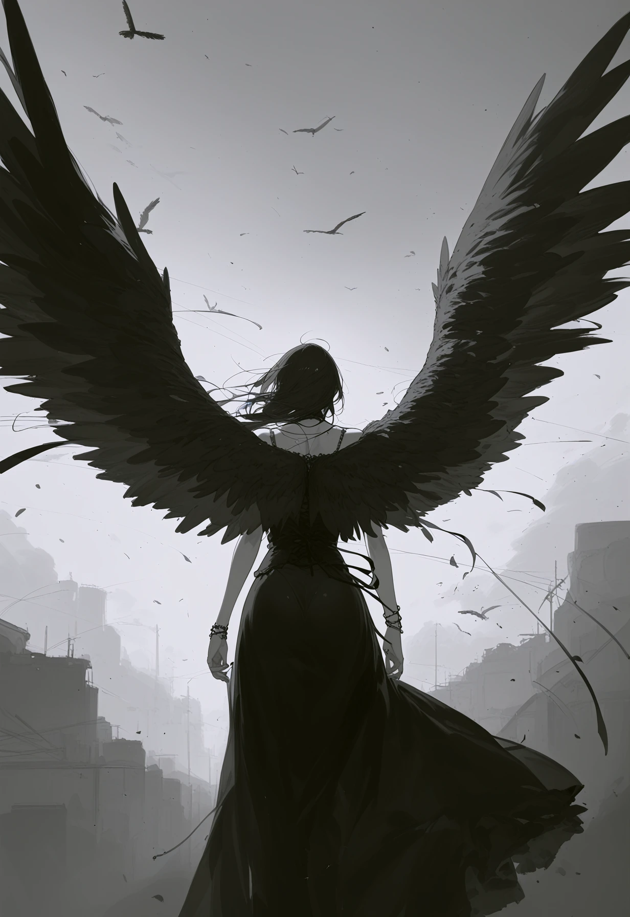 girl with black feathered wings, from behind, gothic, dark and moody atmosphere
BREAK (sketch:1.2), lineart, score_9, score_8_up, score_7_up