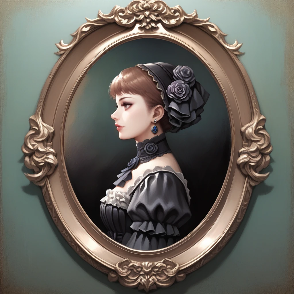 score_9,score_8_up,score_7_up,score_6_up,source_anime,rating_questionable, solo, victorian, gothic, <lora:Portrait_Frame:0.8> portraitframe, oval frame, side profile, facing side, oil painting, zPDXL2,