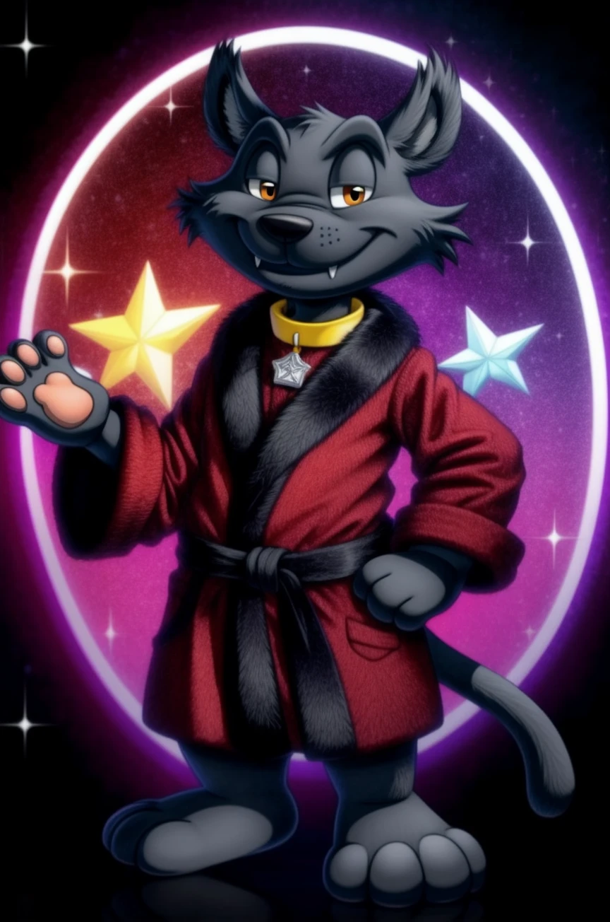 salem saberhagen, anthro, male, solo, jewel collar, red jewel pendant, robe, standing, biped, tail, hand on hip, raised hand, pawpads, smile, masterpiece, extreme detail, half-closed eyes, smile, smug, mouth closed, fangs, looking at viewer, psychedelic background, magic, sparkles, star, full-length portrait, barefoot, feetpaws