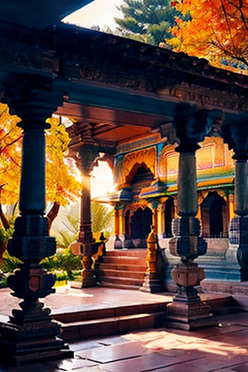 Indian_Interior, InteriorType:Temple, A mesmerizing, high-resolution image of an empty Indian temple, bathed in golden sunlight. The temple's intricate architecture is adorned with vibrant colors and detailed carvings depicting mythological stories. The courtyard is spacious, with a large pedestal in the center. The only occupant is a peaceful, gentle wind that rustles the leaves of the trees lining the temple grounds. The atmosphere is serene and spiritual, with a sense of tranquility and reverence.