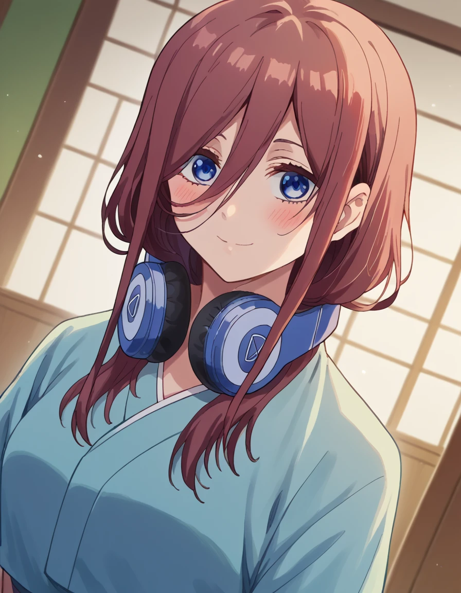 score_9, score_8_up, score_7_up, source_anime, mikunakano, <lora:miku-nakano-s1-ponyxl-lora-nochekaiser:1>, miku nakano, long hair, bangs, blue eyes, brown hair, hair between eyes, headphones, headphones around neck,, <lora:hanbok-ponyxl-lora-nochekaiser:1>, hanbok, korean clothes,, indoors, smile, blush,, cowboy shot, dutch angle, looking at viewer,