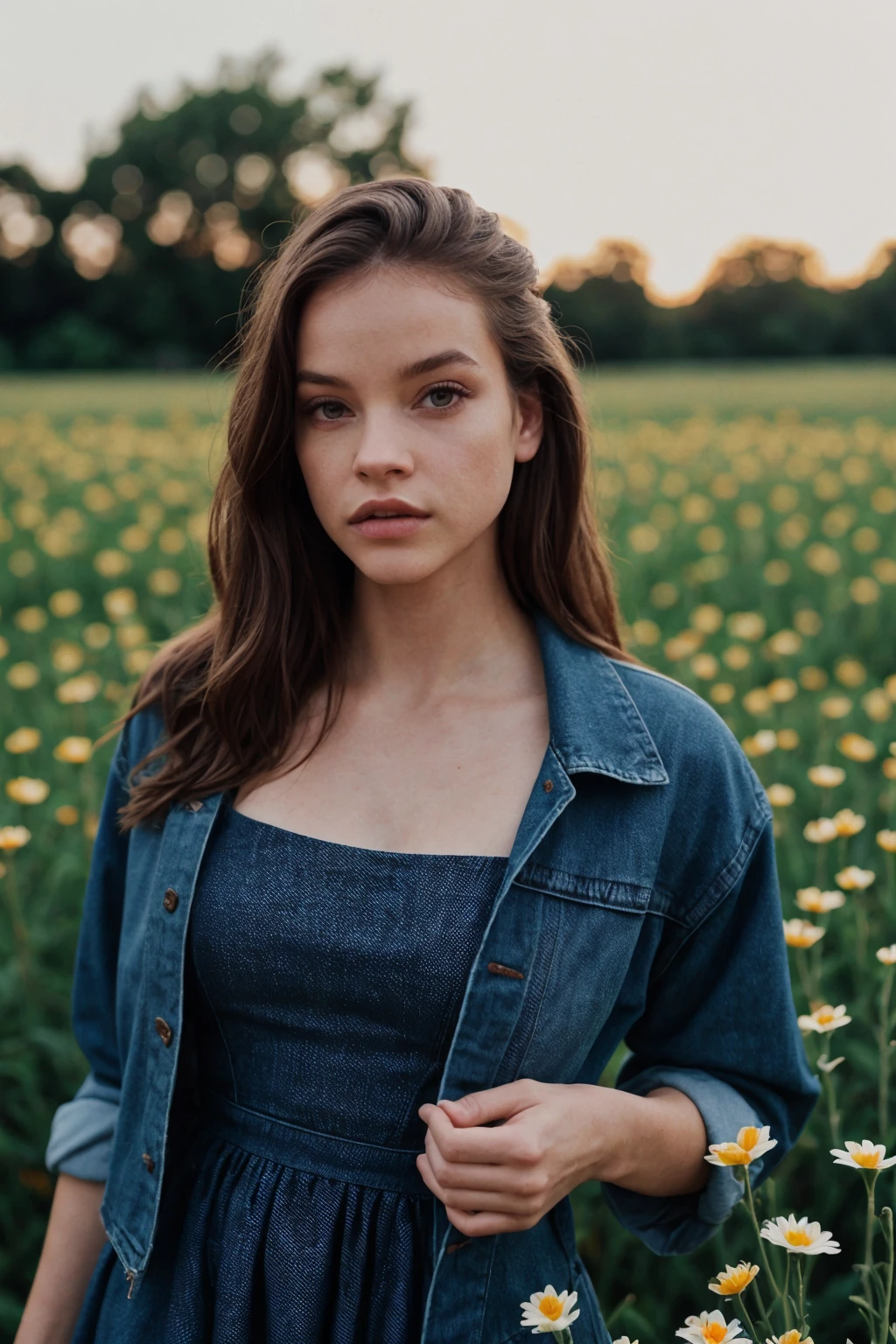 a woman wearing black dress, denim jacket, white sneakers, (Field of Flowers), (cinematic lighting:0.4) <lora:[HU]_-_Barbara_Palvin:1> mt-barbarapalvin, RAW candid cinema, 16mm, color graded portra 400 film, remarkable color, ultra realistic, textured skin, remarkable detailed pupils, realistic dull skin noise, visible skin detail, skin fuzz, dry skin, shot with cinematic camera