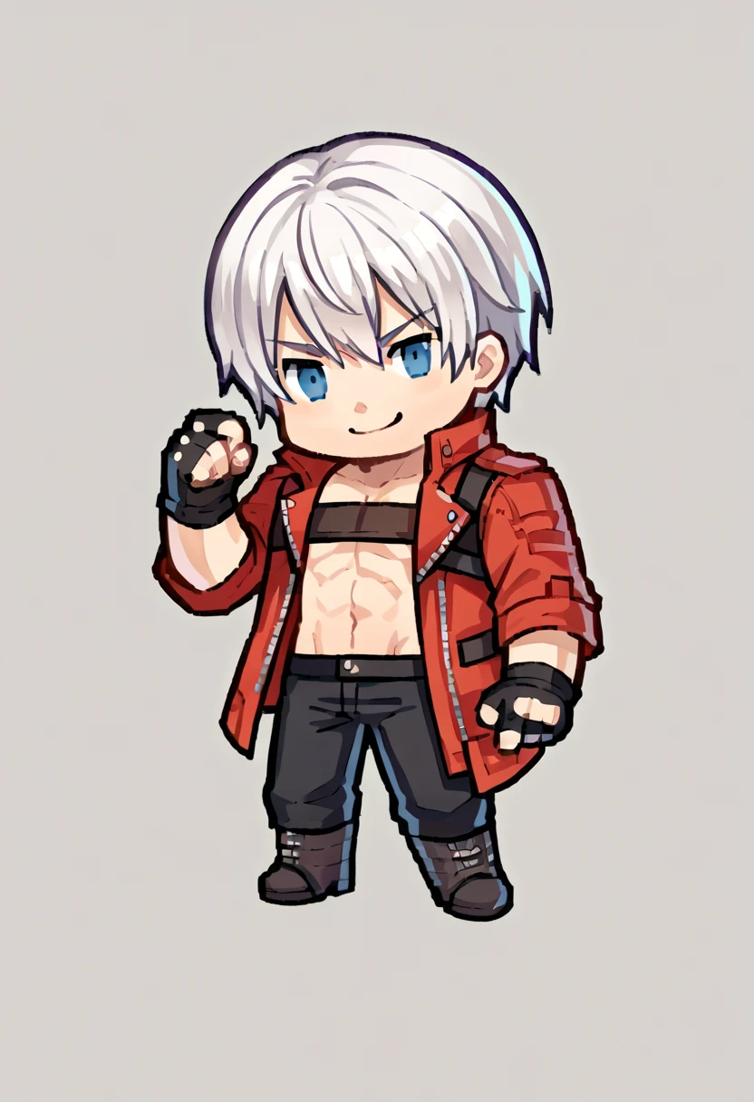 score_9, score_8_up, score_7_up, source_anime, BREAK, solo, 1boy, <lora:Feh-Sprites-pdxl_Fp:1>, simple background, chibi, full body, <lora:dmc3_dante_ponyXL:1>, dmc3dante, red coat, bandeau, fingerless gloves, black pants, boots, smirk