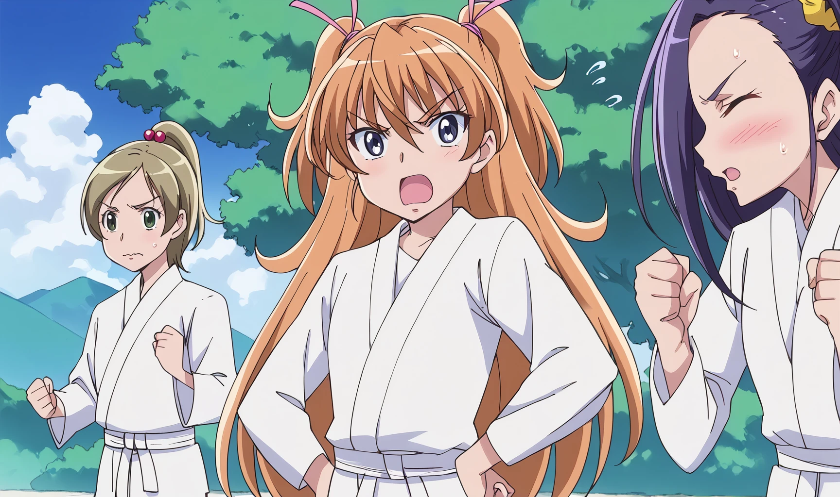 <lora:suite_precure_all_in_one_sdxl_locon_pony_v1:0.8> score_9, score_8_up, score_7_up, source_anime BREAK 3girls, minamino kanade, (hair bobbles, half updo, ponytail:1.2), dougi, brown hair, open mouth, long hair, eyelashes, tree, hair ornament, clenched hands, day, blonde hair, looking at another, looking to the side, blush, cloud, karate gi, brown eyes, d:, outdoors, belt, green eyes, light brown hair, black eyes, wavy mouth, blue sky, karate, surprised, short hair, martial arts, rock, mountain, grey eyes, angry, martial arts belt, upper body, from side, profile, sweat,
3girls, houjou hibiki, two side up, blue eyes, open mouth, hands on hips, dougi, eyelashes, looking at viewer, angry, orange hair, blonde hair, brown hair, hair ribbon, karate gi, japanese clothes, :o, upper body, twintails, blush, long sleeves, cloud, eyebrows visible through hair, very long hair, shouting, white shirt, hair ornament, v-shaped eyebrows, hair between eyes, eyebrows, hands on own hips,
3girls, kurokawa eren, purple hair, blush, closed eyes, open mouth, long hair, sweat, side ponytail, yellow scrunchie, long sleeves, hair scrunchie, facing viewer, upper body, hair ornament, nose blush, hands up, white shirt, forehead, v-shaped eyebrows, one side up, shiny hair, hair intakes, parted bangs, cloud, flying sweatdrops, high ponytail, dougi, water drop, :o, > <, tongue, furrowed brow, looking at another, looking to the side, karate gi, clenched hands, sweatdrop, shouting, embarrassed, from side, profile,