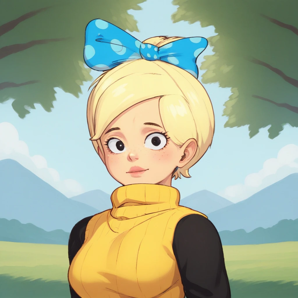 score_7_up, Barbara, 1girl, solo, blonde hair, short hair, black eyes, polka dot bow, hair bow, yellow turtleneck sweater, black sleeves, portrait, <lora:BananaBarbara_PXL_Leaf1:0.8>, outdoors,  looking at viewer,