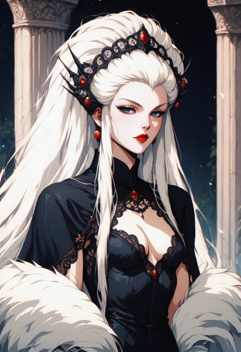 (score_9, score_8_up), score_7_up,1girl, long hair, breasts, hair ornament, dress, very long dress, flowy cape, cleavage, closed mouth, half closed eyes, upper body, white hair, small breasts, horns, black dress, lips, eyelashes, makeup, big hair, cleavage cutout, lipstick, pale skin, lace, headdress, red lips, pillar, retro
 <lora:nostalgia-000011:0.9>