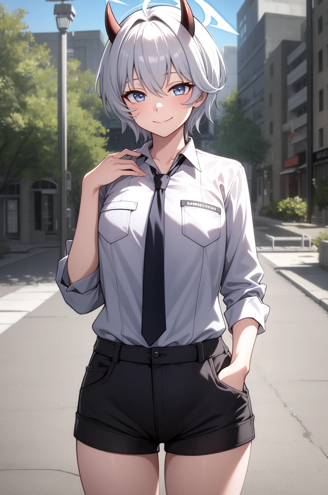 solo, masterpiece, best quality, outdoors, street, looking at viewer, cowboy shot, smile, closed mouth, erika, blue eyes, grey hair, short hair, black horns, halo, collared shirt, long sleeves, black necktie, denim shorts, hands on pocket 