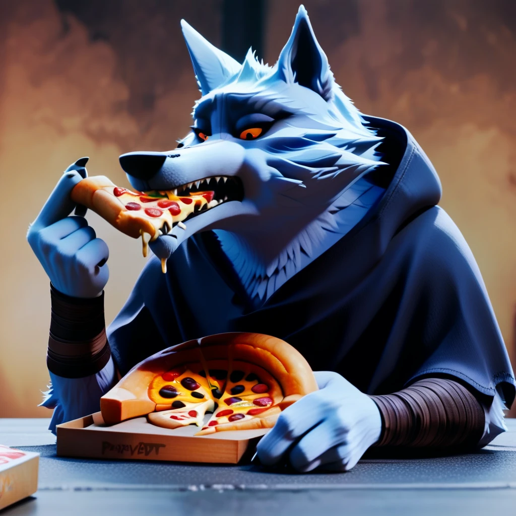 score_9, Death \(character\), wolf, eating pizza,