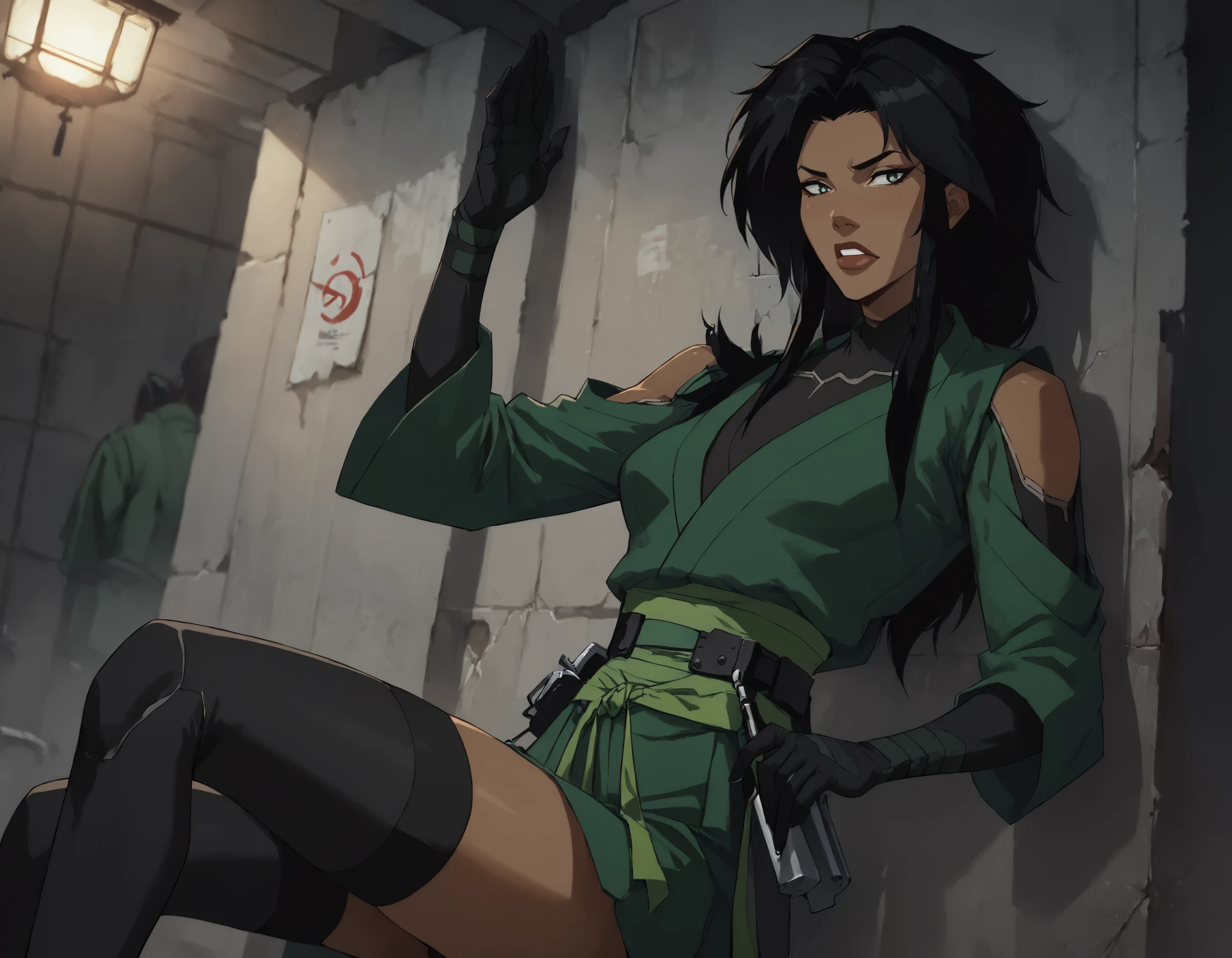 score_9, score_8_up, score_7_up, face focus, extreme closeup, detailed face, 1girl, woman, a mature female, (tall slim athletic female:1.3), skinny, dark-skinned female, black hair, (Leaning with back against an invisible wall), 
gloves, thighhighs, japanese clothes, black gloves, black thighhighs, green kimono, bodysuit, belt,
(abandoned warehouse, industrial),
ch3shire,
 <lora:ch3shire:1>,
 <lora:Blacklight_XL:0.5> blacklight,
 <lora:- SDXL - vanta-black_contrast_V3.0:0.5>,
 <lora:Concept Art DarkSide Style LoRA_Pony XL v6:0.5>, low light,