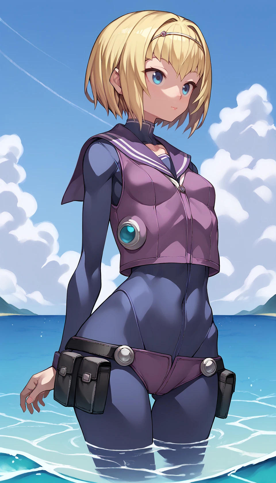 score_9, score_8_up, score_7_up, BREAK
1girl, MilindaBrantini, blonde hair, blue eyes, wide hips, 
bodysuit, sailor collar, purple vest, belt pouch, thigh pouch, 
looking at side, closed mouth, arms at sides, standing, partially submerged, 
outdoors, ocean, sky, clouds, 
<lora:MilindaBrantini_Pony:1><lora:Nyatabe_Pony:0.65> <lora:Pony_XL_Mogudan_Style:0.35>  <lora:[GP]Yaya hiyayaka style [Pony XL]:0.8>