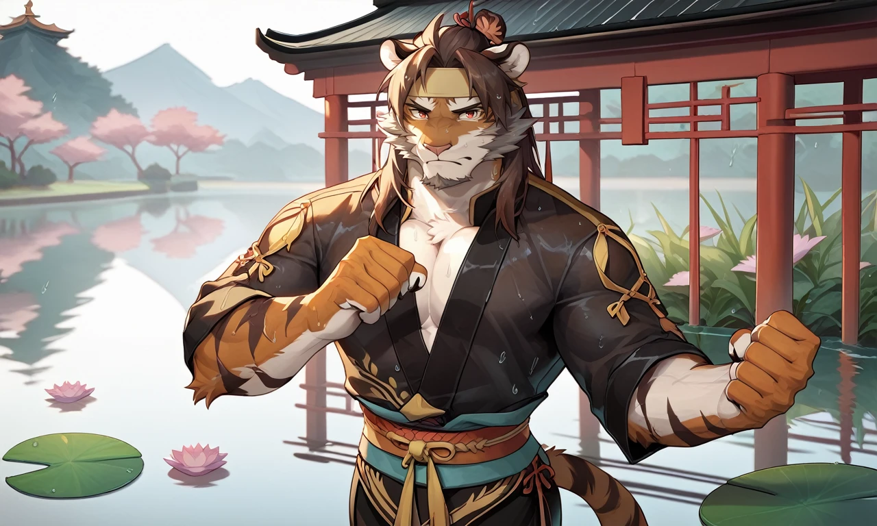 score_9,score_8 up,score_7 up,score_6 up,score_furry,hi res,
æ§å¤©è£´,manthro,tiger,solo,male,felid,black clothes,brown hair,muscular,striped fur,striped body,yellow tur,banhair,fur,countershading,stripes,white background,clothed,5 fingers,orange fur,white body,digital media (artwork),Kung fu,sweat,aged up,looking at viewer,Plum  blossom,Chinese architecture,rain,upper body, clenched hand,white background,pond,Lotus flower,Standing in the water, the reflection of the lake<lora:Huai_Tianpei_XL_Pony_1-000008:0.8>,