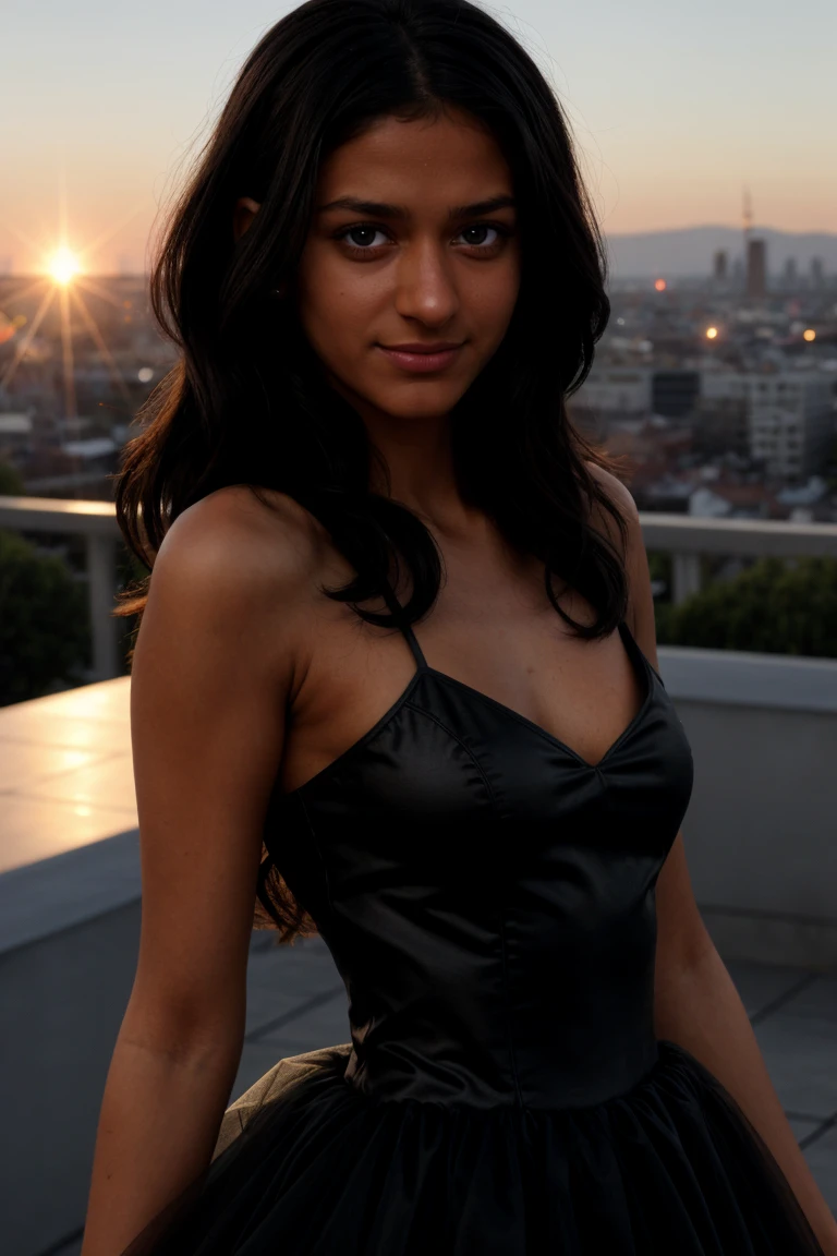 (Cinematic Shot:1.3)(Medium close-up:1.3) Tower13_Aline (smile:1.3) (skinny, slim, slender, narrow waist:1.3)BREAK (Wearing Black Spandex Tulle ball gown:1.3) BREAK (On The Rooftop , in Germany:1.3) ((Photo Focus, DOF, Aperture, insanely detailed and intricate, character, hypermaximalist, hyper realistic, super detailed, (lens flare)))<lora:exposure_control_v10:-0.3> <lora:more_details:0.3>