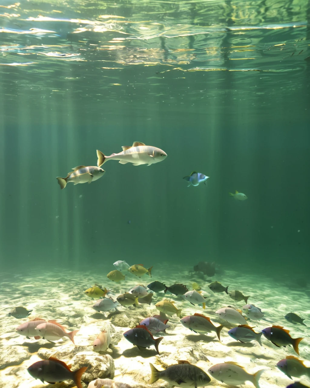 score_9,score_8_up,score_7_up,
an aquatic scene, likely from an aquarium or a marine environment. The primary focus is on a fish with distinctive black and white stripes, swimming amidst a backdrop of other fish and underwater vegetation. The water appears clear, allowing for a detailed view of the fish and the surrounding environment. The lighting in the image is soft, creating a serene and tranquil ambiance. The depth of field is shallow, with the fish in sharp focus while the background is slightly blurred, emphasizing the subject.