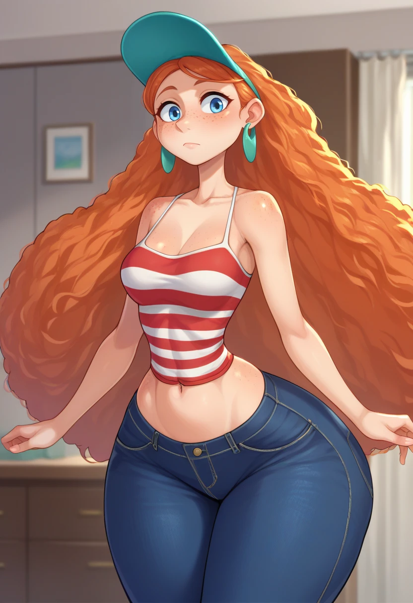 score_9,score_8_up,score_7_up BREAK <lora:Kate:1>,KateSDXL,1girl,solo,long hair,hat,navel,jewelry,medium breasts,very long hair,blue eyes,thighs,earrings,midriff,hips,jeans,orange hair,striped camisole,thick thighs,black pants,curvy,wide hips,visor cap,curly hair,freckless,cowboy shot,room,room background,