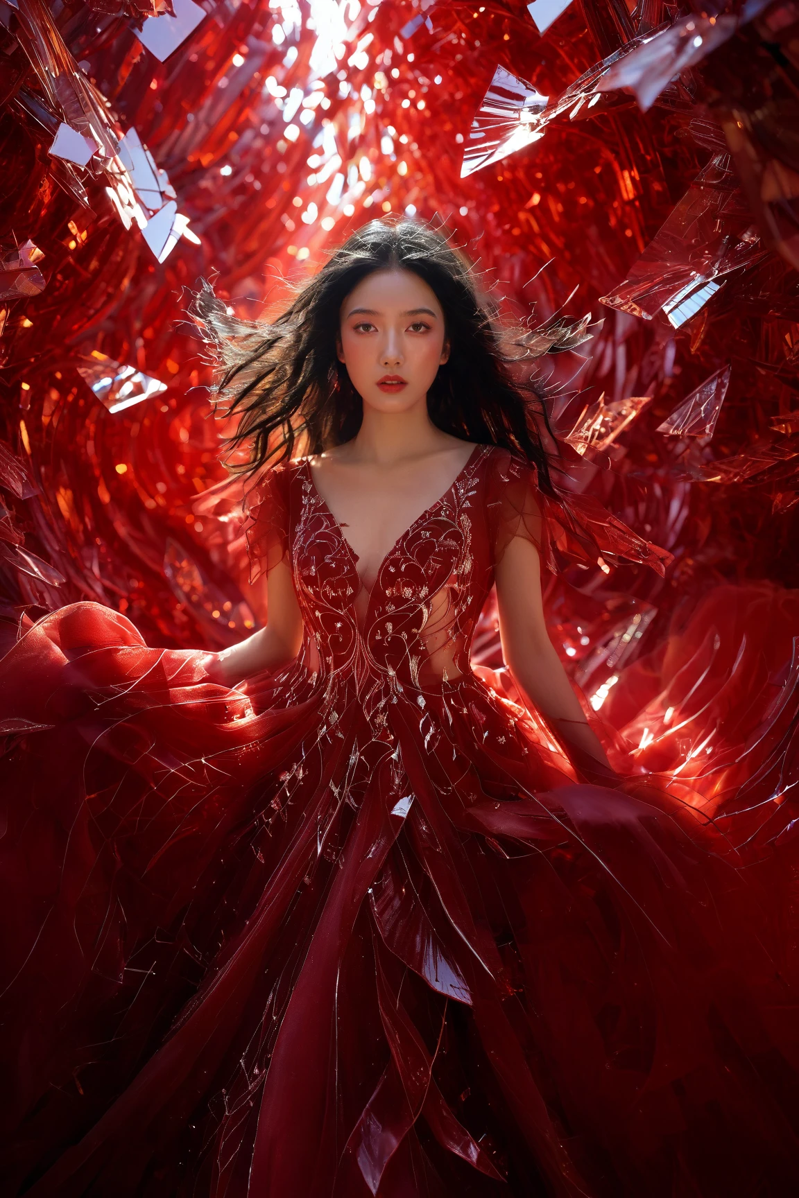 A young woman amidst a vibrant, shattered red backdrop. She wears a flowing red gown with intricate white patterns. Her long black hair is windswept, and she has a focused expression on her face. The scene is dynamic, with shards of red crystal-like structures surrounding her, some of which are suspended in mid-air. The overall ambiance is one of intensity and elegance.<lora:EMS-310343-EMS:1.000000>, <lora:EMS-412156-EMS:0.600000>