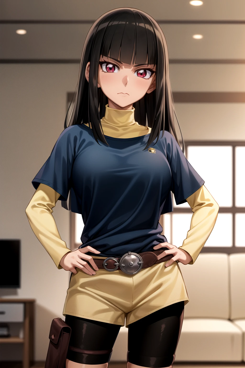 masterpiece, best quality, best aesthetic, anime, ultra detailed, masumi kotsu, 1girl, solo, long hair, black hair, bangs, fringe trim, brown eyes, (large breasts:1.2), (wide hips:1.2), (dark-skinned female:1.1), (blue shirt, short-sleeved shirt, turtleneck:1.3), (layered_sleeves:1.2), (yellow shirt, long-sleeved shirt:1.2), (bike shorts, black shorts:1.2), (yellow shorts:1.2), belt, standing, expressionless, front view, hand on hip, cowboy shot, relaxed eyes, closed mouth, living room setting, brown background, 8k, absurdres, greatly detailed, highly detailed, blunt bangs<lora:EMS-179-EMS:0.200000>, <lora:EMS-410411-EMS:0.950000>