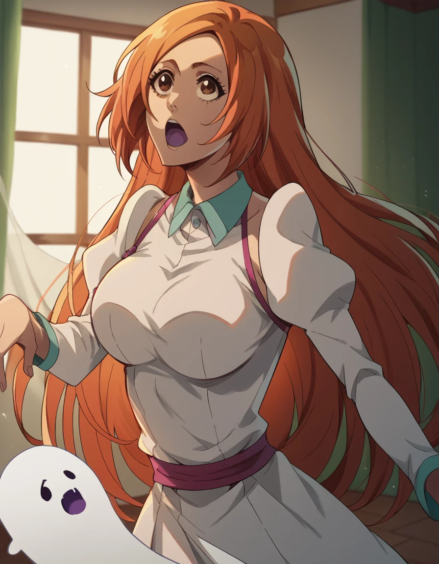 score_9, score_8_up, score_7_up, source_anime, inoueorihime, <lora:inoue-orihime-tybw-ponyxl-lora-nochekaiser:1>, inoue orihime, long hair, orange hair, brown eyes,, <lora:ghost-pose-ponyxl-lora-nochekaiser:1>, ghost pose, ghost, purple tongue, open mouth, looking up,, indoors,, cowboy shot, dutch angle, looking at viewer,