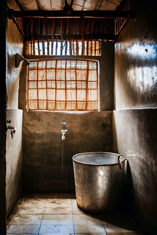 Indian_Interior, InteriorType:Bath, An intimate and authentic shot of a simple Indian poor household's bathing room. It features a traditional window cover covering the window. The shower area is devoid of any decor, showcasing its raw and minimalist nature. The overall vibe exudes a sense of simplicity and warmth, reflecting the essence of Indian culture and hospitality. it has a tap, a bucket filled with water, a soap bar and an empty mug