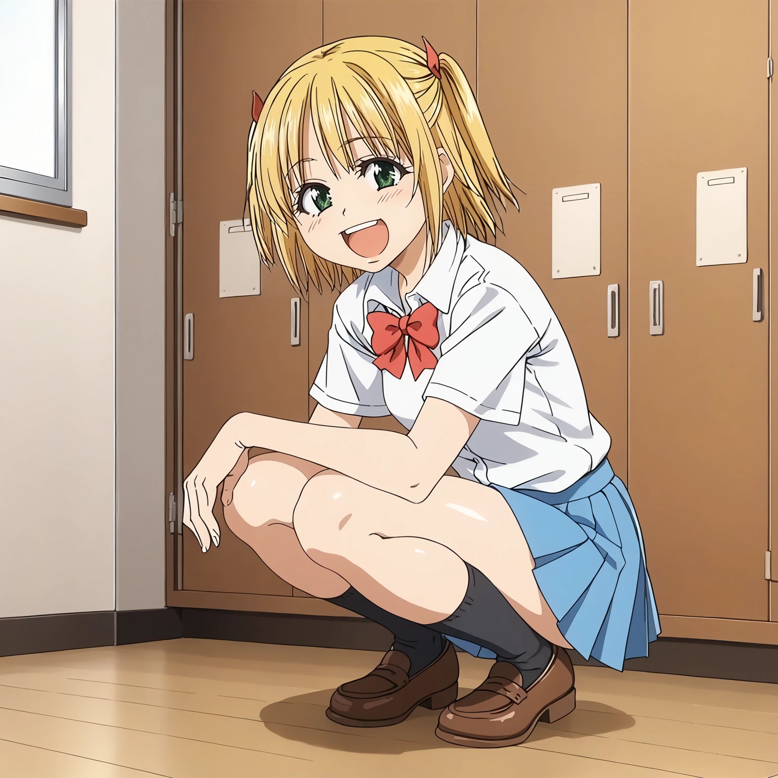 <lora:YuiWadaXLpony001>,
smile,open mouth,
solo,
YuiWada,1girl,blonde hair,two side up,medium hair,green eyes,
school_uniform,white shirt,red bowtie,short_sleeves,
pleated_skirt,blue skirt,
black socks,
indoors,
full body,squatting,