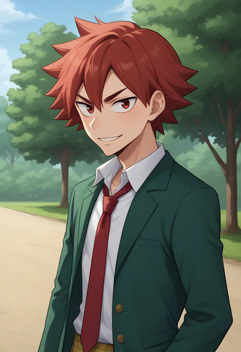 score_9, score_8_up, score_7_up, source_anime, highly detailed, slender, skinny,
naruko, 1boy, male focus, necktie, solo, school uniform, red hair, smile, jacket, green jacket, shirt, red eyes, white shirt, spiked hair, red necktie, upper body, looking at viewer, long sleeves, collared shirt, open clothes, open jacket, plaid pants, plaid, pants
outdoor, sky, tree,