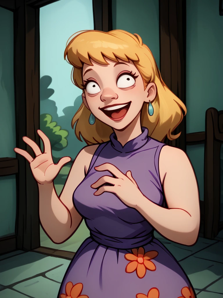 <lora:Torvalds_Mom_-_Hey_Arnold_-_1996-09:1> 1girl, solo, long hair, blonde hair, eye shadow, jewelry, earrings, purple dress, sleeveless dress with floral print, floral print, sleeveless, dress, parody, smile, open mouth,, source_cartoon, score_9, score_8_up, score_7_up,