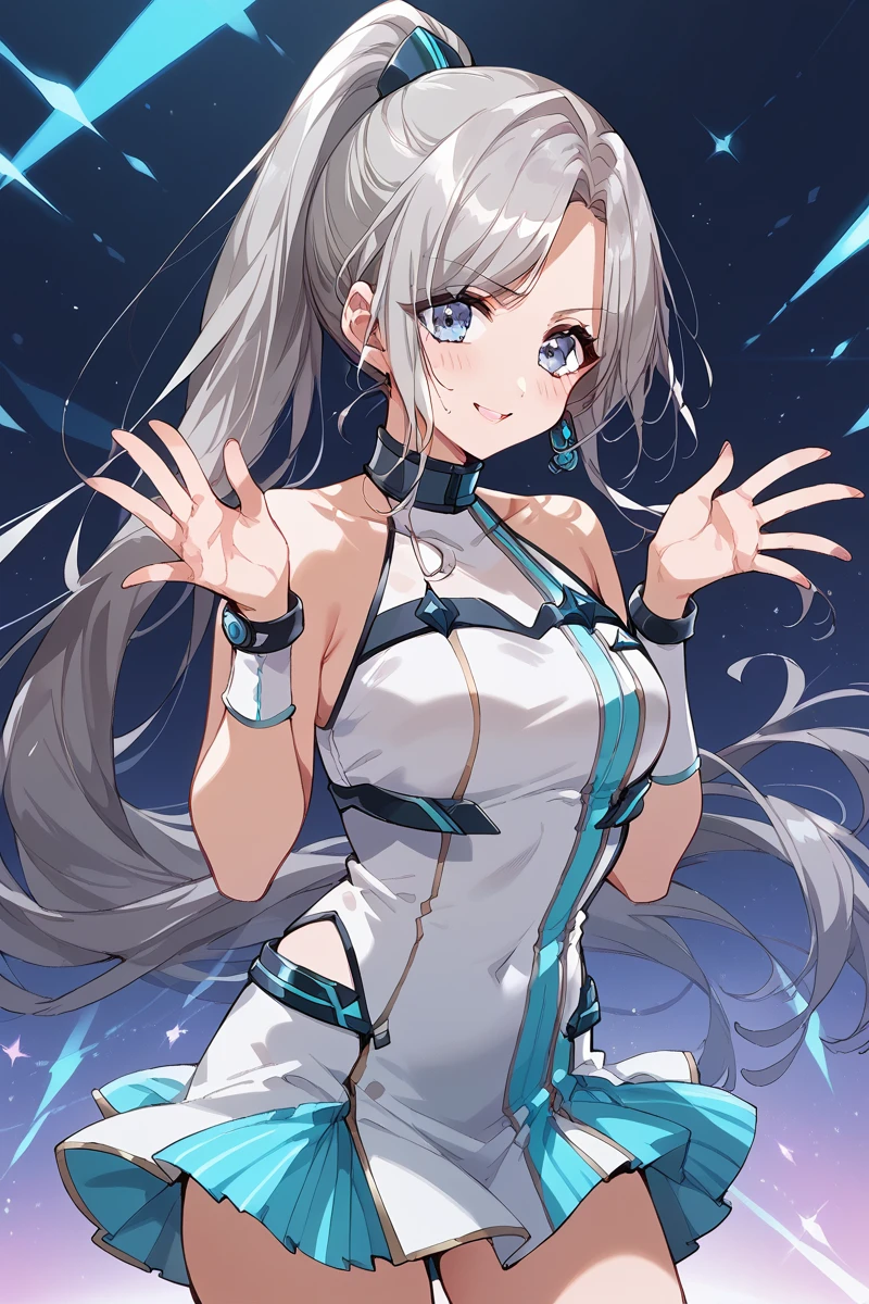 score_9, score_8_up, score_7_up, score_6_up, 1girl,
 <lora:Niijima_Ibuki:0.9> ibuki, long hair, ponytail, stage outfit, color lights, hands up,