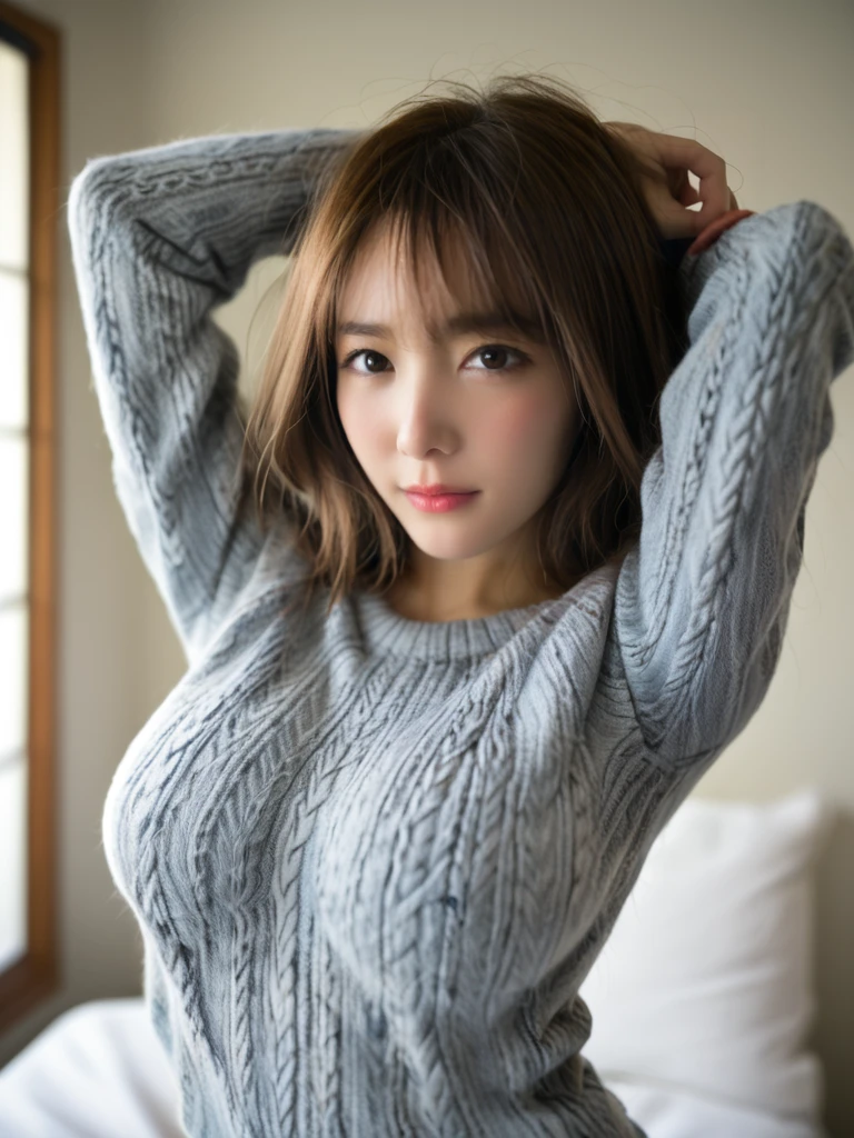 uncensored,1lady,busty,japanese,<lora:Konan:0.8>K0nan lewwd,sweater,arms behind head,