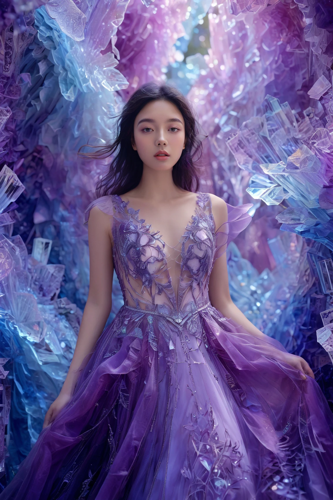 A young woman surrounded by vibrant, crystalline structures. She wears a flowing, purple gown adorned with intricate lace details. Her dark hair cascades down her shoulders, and her gaze is directed towards the viewer. The background is filled with shards of crystal, reflecting a myriad of colors, predominantly purples and blues. The overall ambiance of the image is ethereal and dreamy, with the crystals giving a sense of depth and dimension.,xxmixgirl<lora:EMS-412156-EMS:0.600000>, <lora:EMS-310343-EMS:0.800000>