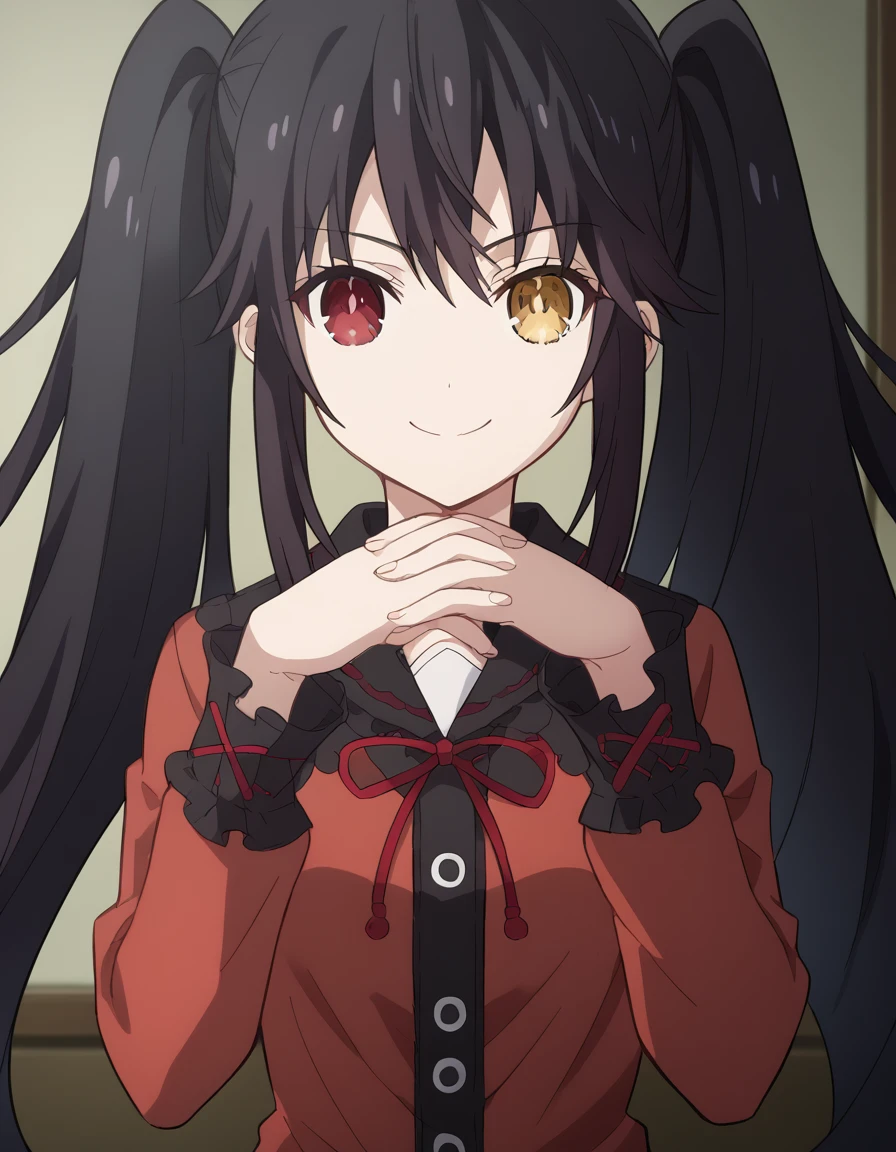 score_9, score_8_up, score_7_up, source_anime, kurumitokisaki, <lora:kurumi-tokisaki-s4s5-ponyxl-lora-nochekaiser:1>, kurumi tokisaki, black hair, red eyes, long hair, twintails, yellow eyes, heterochromia, clock eyes,, <lora:gendou-pose-ponyxl-lora-nochekaiser:1>, gendou pose, own hands clasped, own hands together, parody,, indoors, smile,, cowboy shot, dutch angle, looking at viewer,